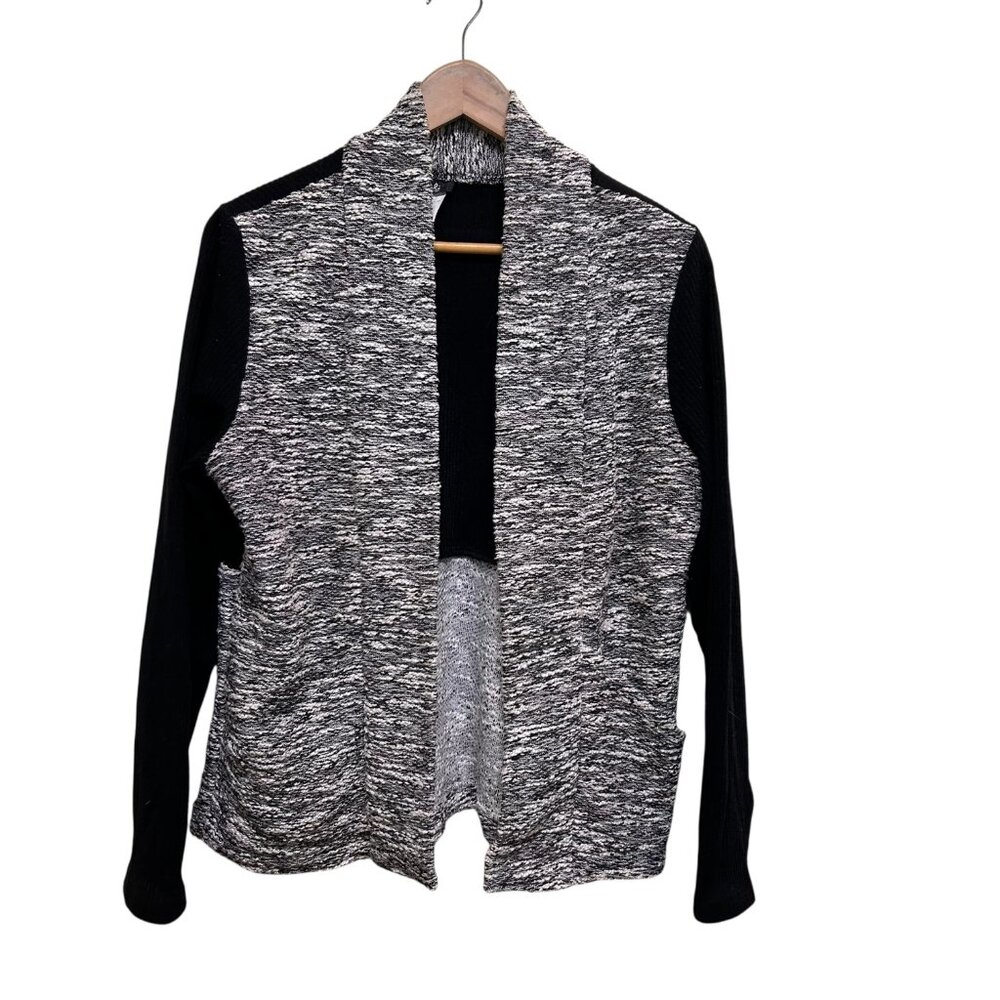 Bali Black and White Tweed Ribbed Open Front Cardigan Size M